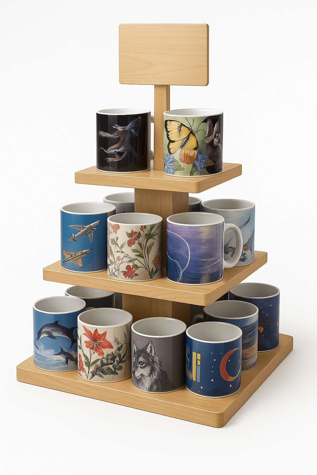 Mug Display Risers 4-Way Wooden Mug Display Rack for Retail Stores
